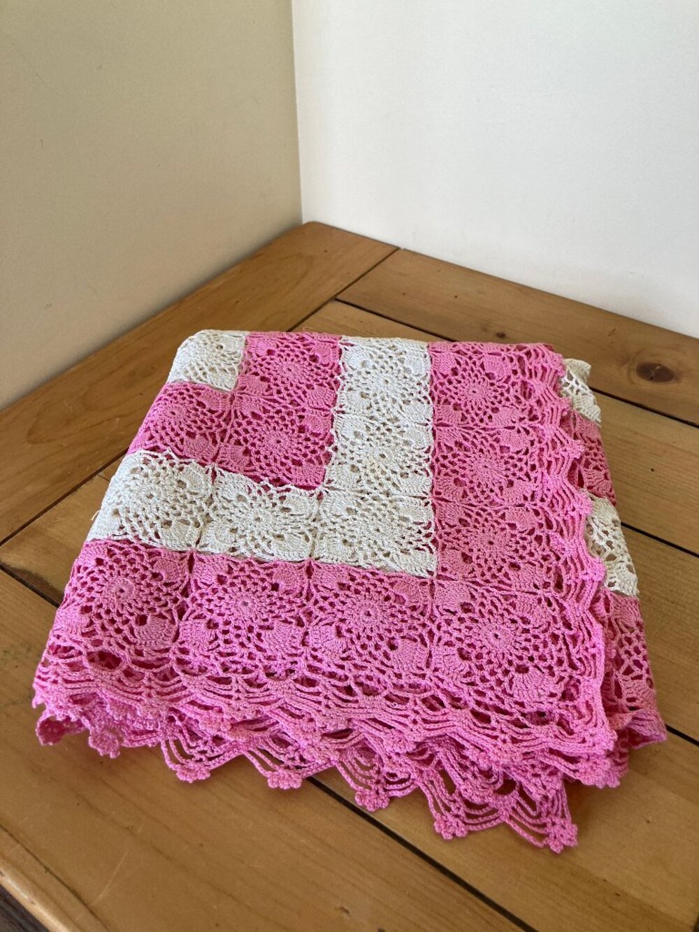 Pink & White Hand Crochet Square Tablecloth Vintage Doily Centerpiece 40"